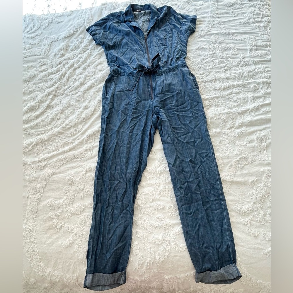 Lord & Taylor Chambray Denim Blue Tie-Waist Jumpsuit